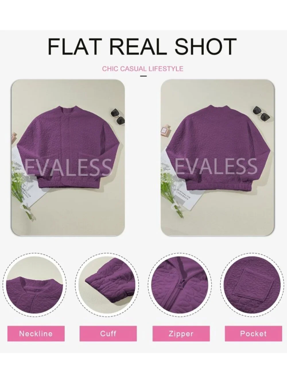 Women's Purple Lightweight Stand Collar Long Sleeve Outerwear Bomber Jacket